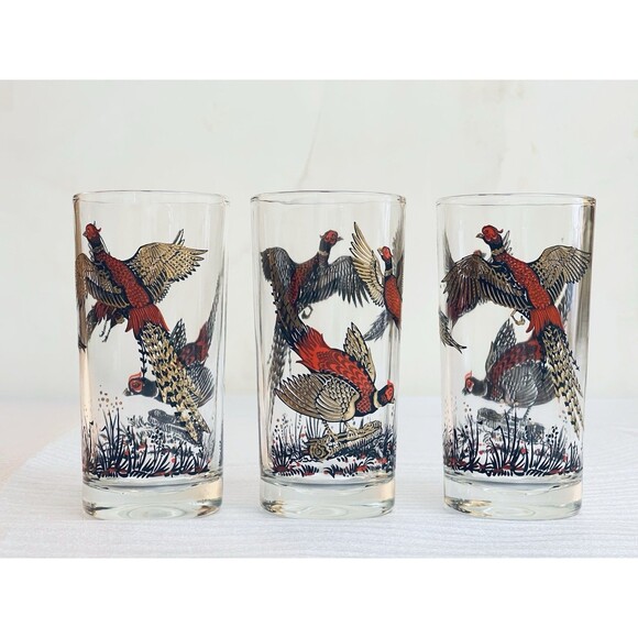 VTG Hazel Atlas Glasses Lot of 3 – 22K Gold Leaf & Enamel Pheasant Design – 1950 - Picture 2 of 10